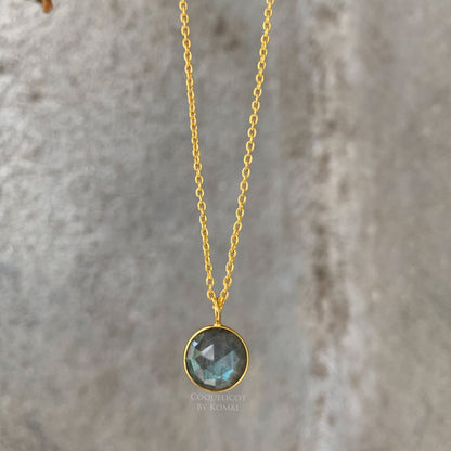 Labradorite Necklace with 10mm round cut pendant, chain and 18K Gold polish. This dainty women's jewellery is a perfect spiritual and unique gift.