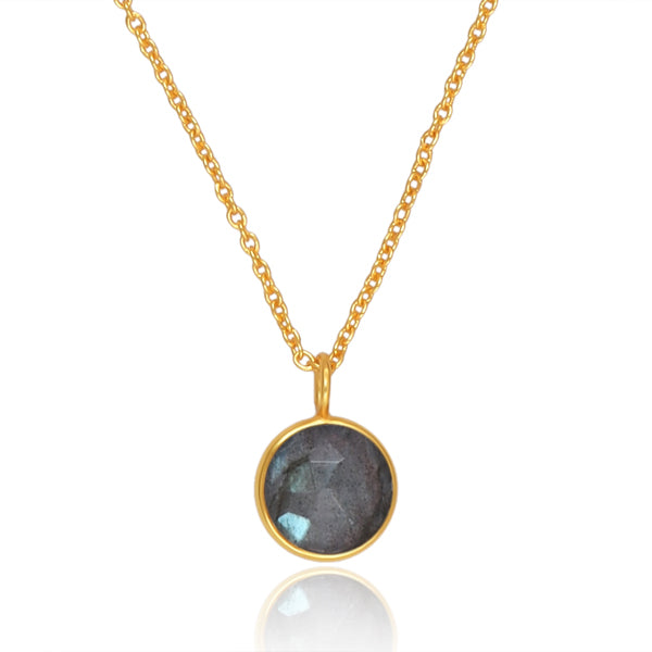 Labradorite Necklace with 10mm round cut pendant, chain and 18K Gold polish. This dainty women's jewellery is a perfect spiritual and unique gift.