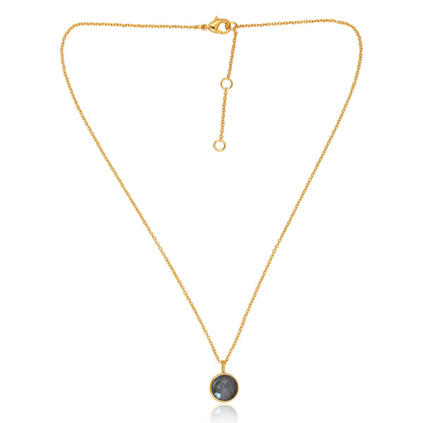 Labradorite Necklace with 10mm round cut pendant, chain and 18K Gold polish. This dainty women's jewellery is a perfect spiritual and unique gift.