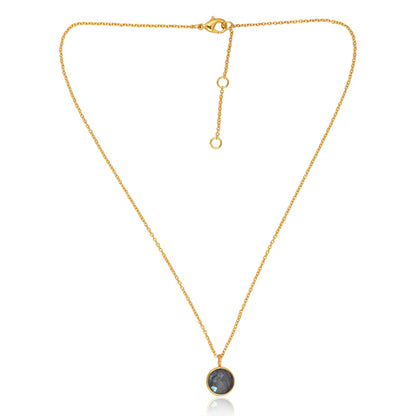 Labradorite Necklace with 10mm round cut pendant, chain and 18K Gold polish. This dainty women's jewellery is a perfect spiritual and unique gift.