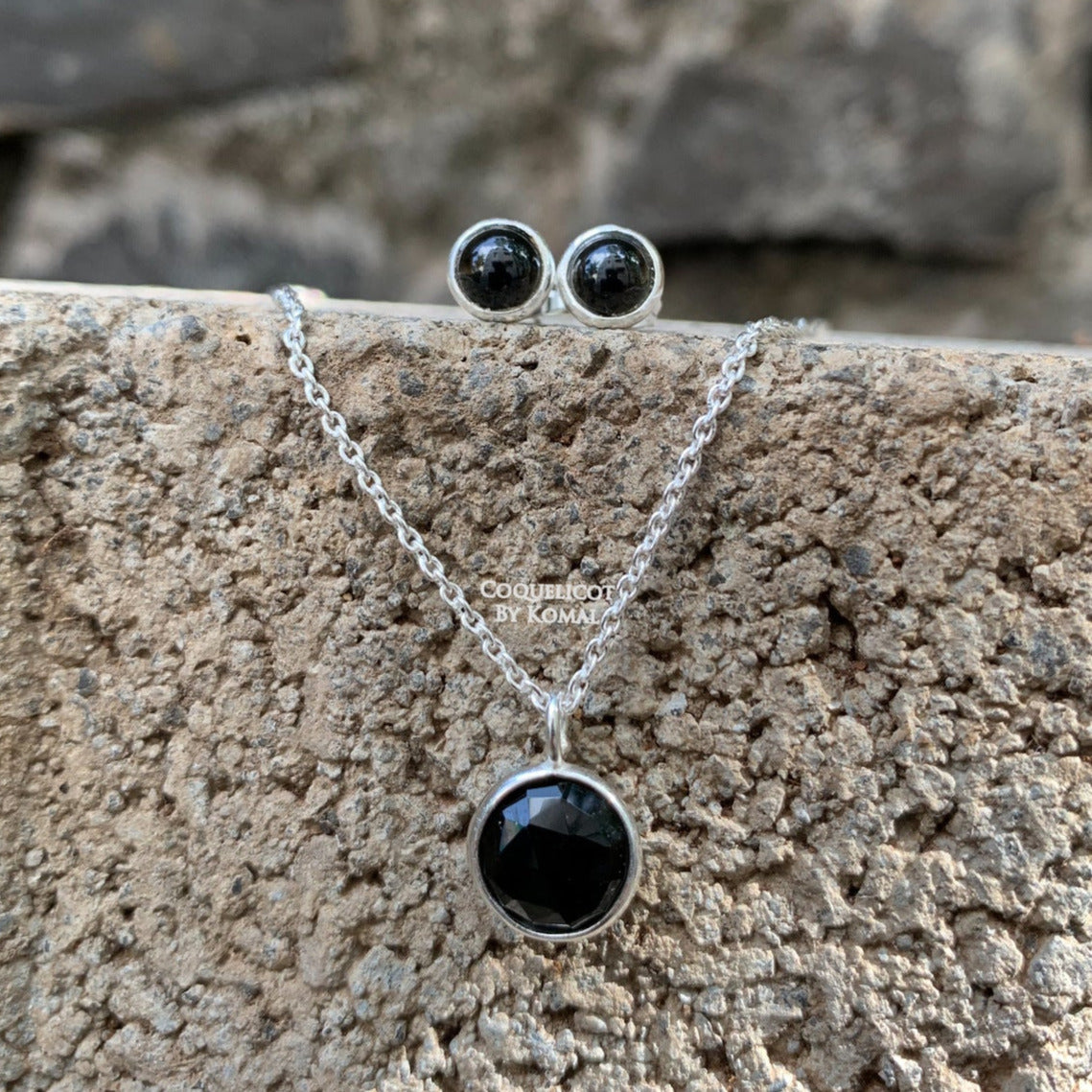 Black Obsidian Necklace and Earrings Set with 10mm round cut pendant, chain and 6mm studded earrings. This dainty women's jewellery is a perfect spiritual and unique gift.
