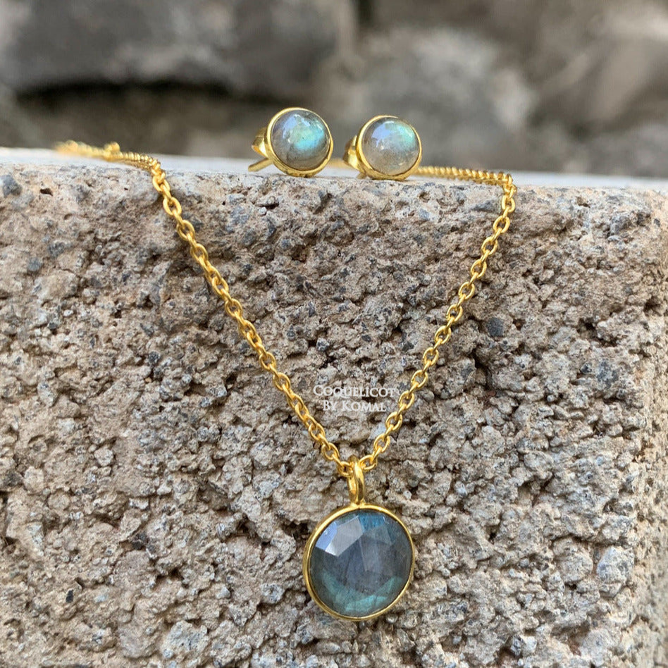 Labradorite Necklace and Earrings Set with 10mm round cut pendant, chain and 6mm studded earrings. This dainty women's jewellery is a perfect spiritual and unique gift.