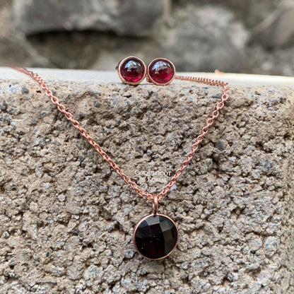 Garnet Necklace and Earrings Set with 10mm round cut pendant, chain and 6mm studded earrings. This dainty women's jewellery is a perfect spiritual and unique gift.