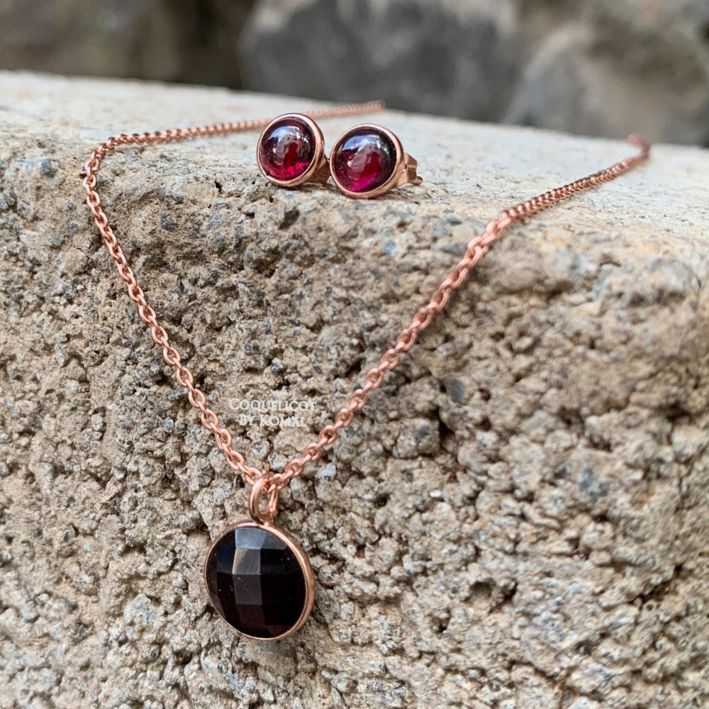 Garnet Necklace and Earrings Set with 10mm round cut pendant, chain and 6mm studded earrings. This dainty women's jewellery is a perfect spiritual and unique gift.